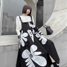 Korean-style Women fashion print loose dress Harajuku A-line strap dress Oversiz