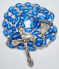 Vintage Catholic Rosary Blue Acrylic Beads Silver Crucifix Sacred Heart Italy