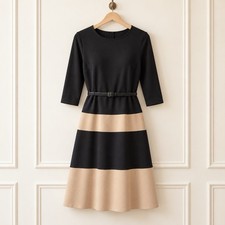 Chaps Dress Womens Large Black Tan Colorblock Belted 3/4 Sleeve Knee Length NWT