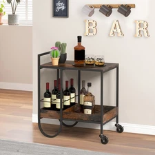 Rolling Buffet Serving Cart Industrial Bar Cart w/ Removable Wine Rack Kitchen