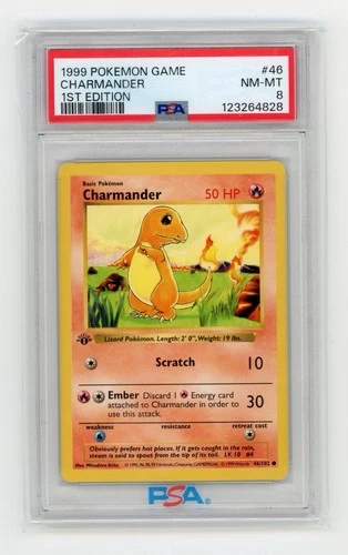 1999 1st Edition Charmander 046/102 Base Set (Shadowless) PSA 8
