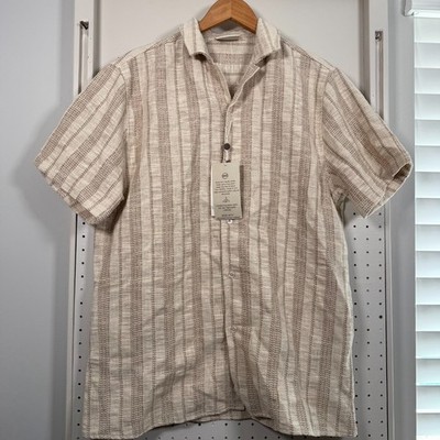 Larsson & Co Jacquard Stripe Short Sleeve Shirt Stone Beige Striped - Large NWT