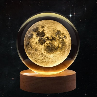 3D Moon Crystal Night Light - Light Hologram Glass Lamp with Solid Wood Base,...
