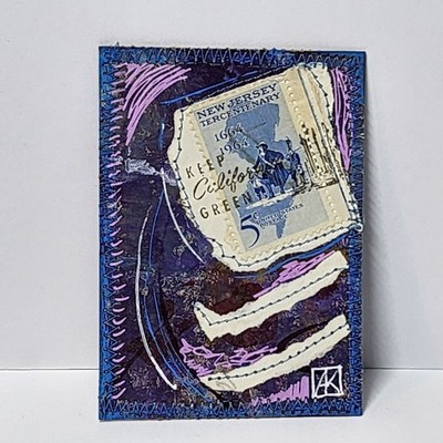 ACEO Original Abstract Painting Blue New Jersey 1964 Postage Stamp - AMBER K