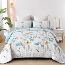 Dinjoy King Size Quilt Set Floral,3 Piece Aqua Farmhouse Bedding Set Lightwei...