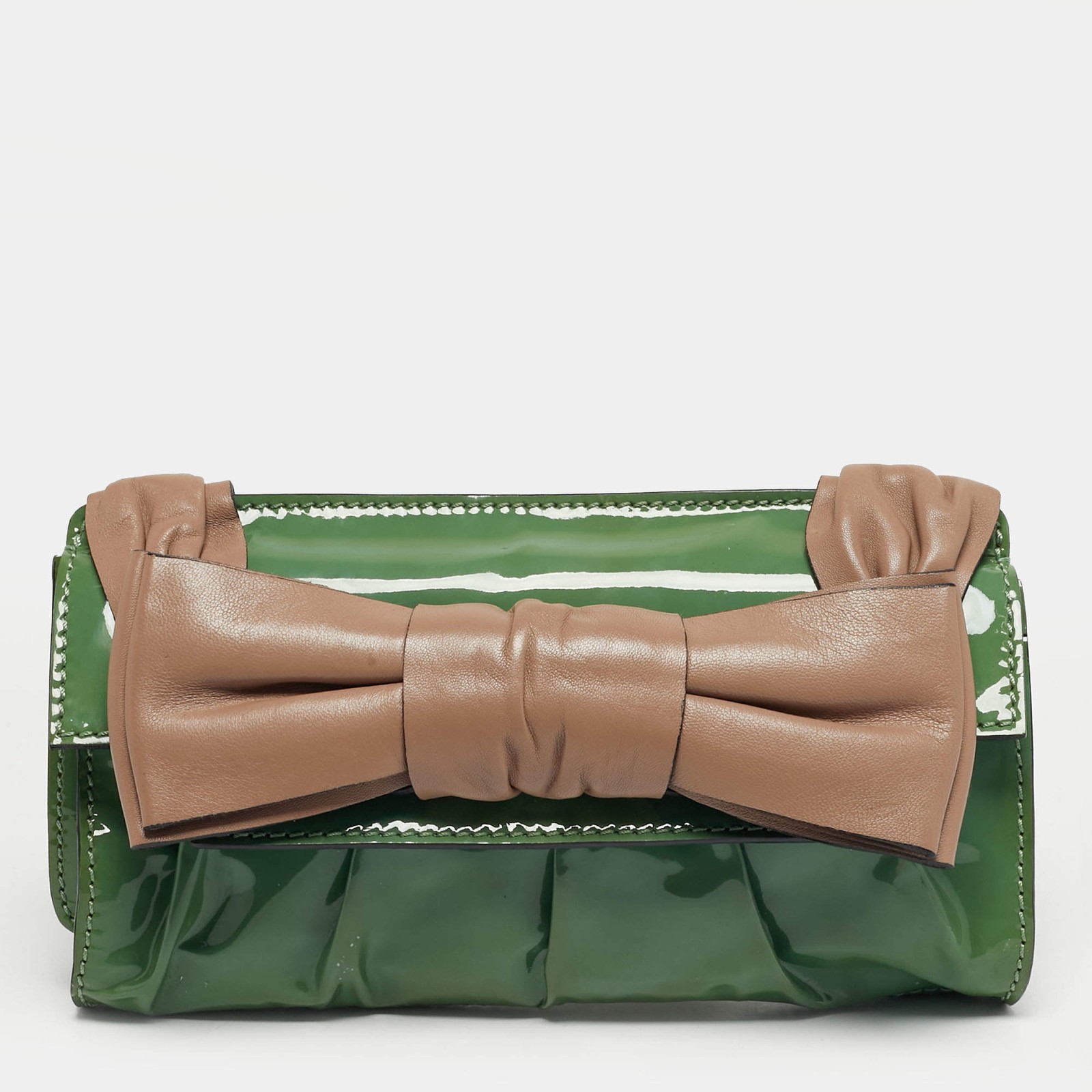 Valentino GreenBeige Patent Leather Bow Flap Clutch