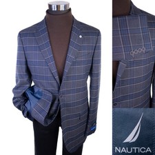 Nautica Active Stretch Sport Coat Blazer 42L Blue/Gray Plaid Two Button Jacket