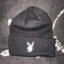 Playboy Black Solid Beanie Hat Bunny Logo Stretch One Size Unisex Adults