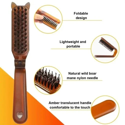 Boar Bristle Hair Brush, Foldable Travel Size, photo 4