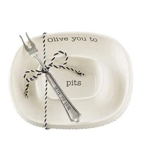 Mud Pie Olive Bowl & Fork Set – “Olive You to Pits” Ceramic Bowl