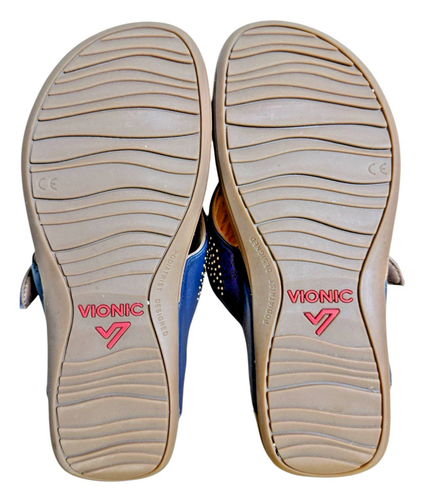 Vionic Capitola WOMENS 6 PRE-OWNED Thong Wedge Sandals Navy Blue Buckle Studded - Picture 9 of 11