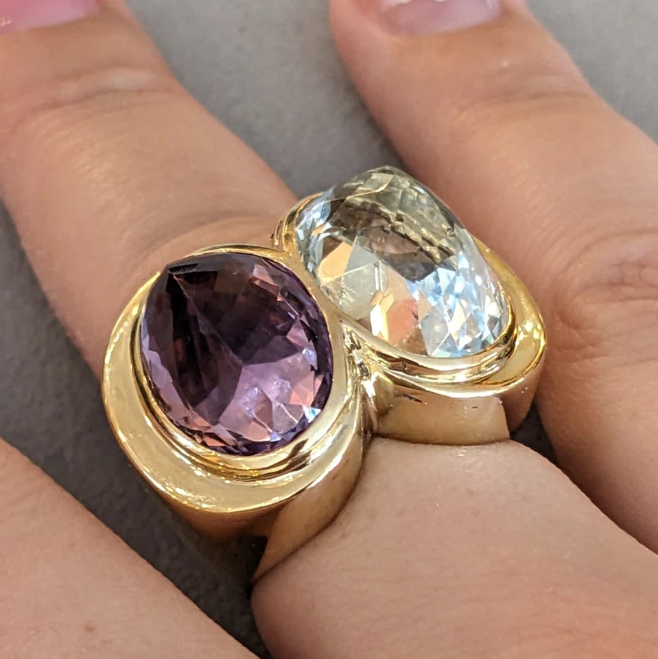 Large Aquamarine and Amethyst Statement Ring in 18k Yellow Gold - HM2690A