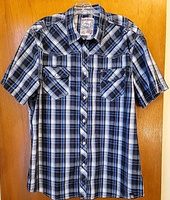 Machine Custom Co. Men's 2XL Short Sleeve Button Up Shirt Plaid Blue Black