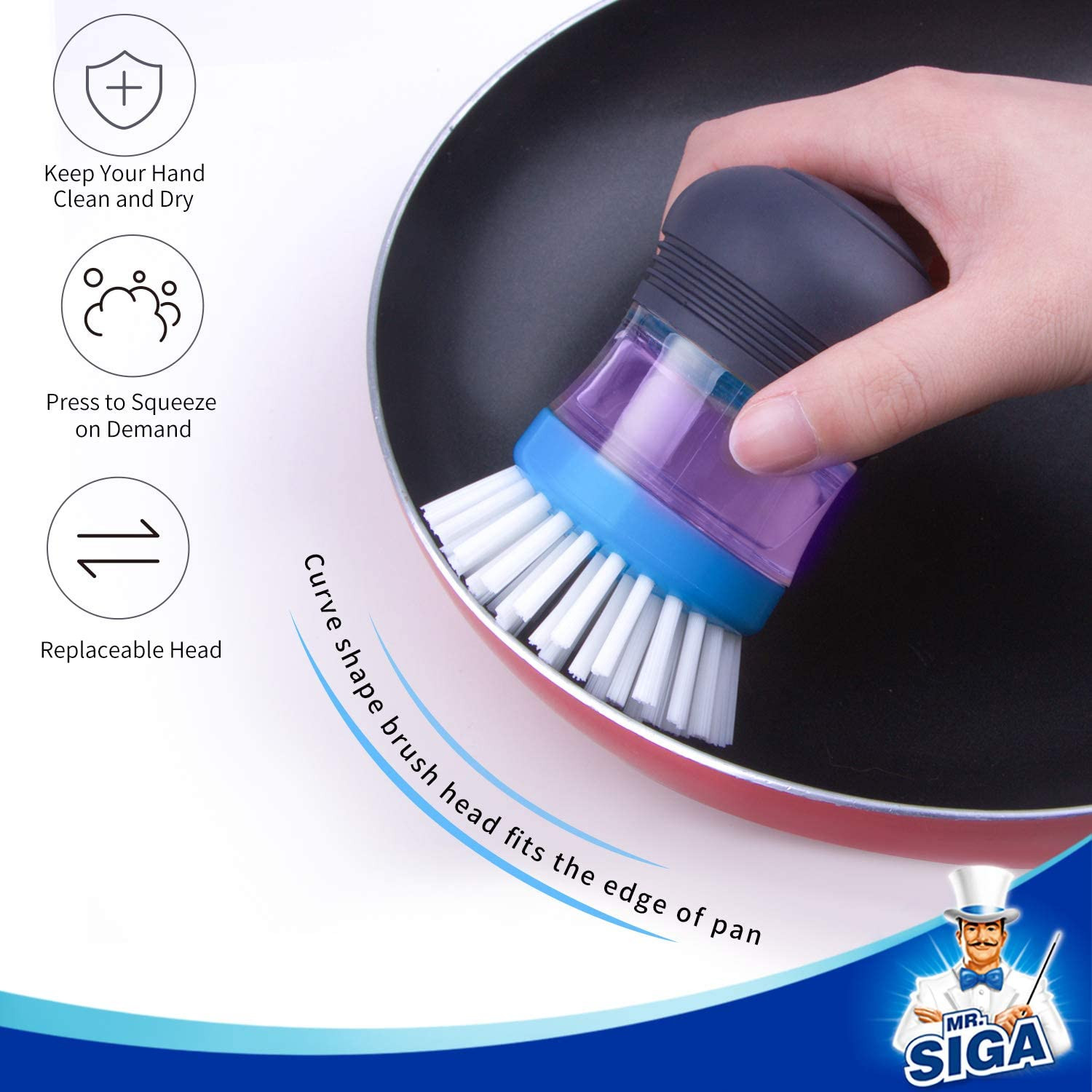 MR.SIGA Soap Dispensing Palm Brush, Kitchen Brush for Dish Pot Pan Sink Cleaning