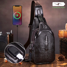 Men'S Leather Chest Bag, Crossbody Bag, Crocodile Pattern Multifunctional Bag wi