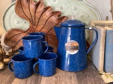 12 Cup Enamelware Percolator & Insert Stovetop Camping Plus 6 Enamelware Cups