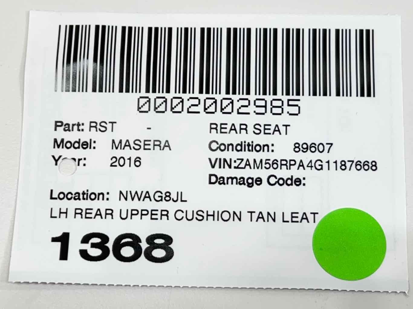2014 - 2024 MASERATI QUATTROPORTE REAR SEAT LEFT UPPER CUSHION OEM ORANGE_CU