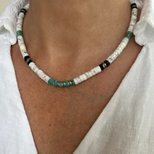 Large 6mm White & Blue Turquoise with Black Onyx Heishi Bead Gemstone Necklace