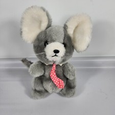 Vintage R Dakin 1980 Gray Mouse Plush With Pink Polka Dot Tie 10"