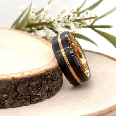 8MM Black & Rose Gold Tungsten Ring Brushed Groove Polished Christmas Gifts Band