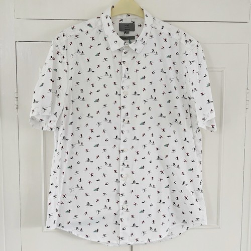 M&S Collection Hemd Größe L Herren Weiß Mix ⛷️Ski Print Kurzarm Gebraucht