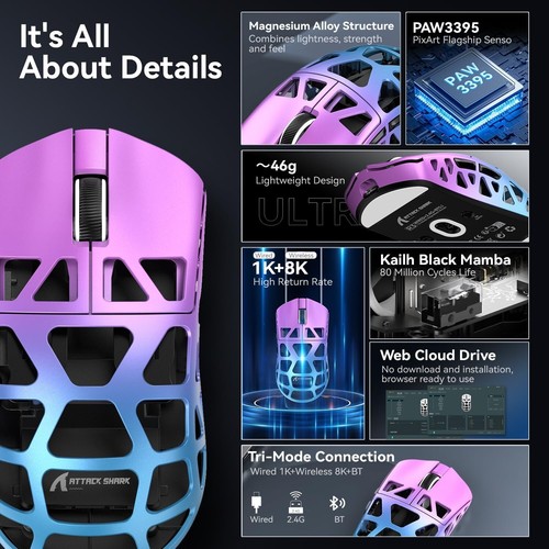 ATTACK SHARK R3 46g Magnesium Alloy Mouse, PixArt PAW3395 BT/2.4G/Wired,26000DPI - Picture 19 of 64