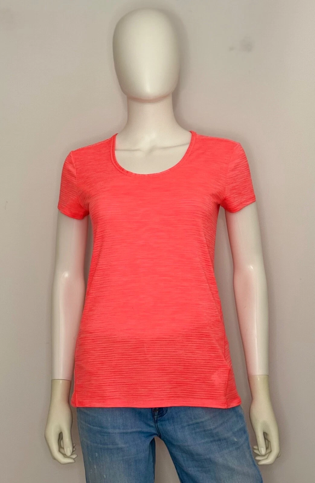 Athleta Shadow Stripe Chi Tee Womens S Neon Orange Short Sleeve T Shirt Logo