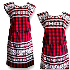 Vintage 1960s Womens Skirt Set Sz Medium Red Black Plaid Boho Embroidered Top