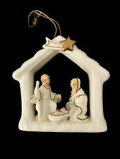 Porcelain Ivory & Gold Nativity Scene Christmas Ornament