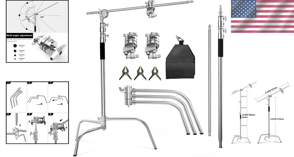 Soporte C de alta resistencia de 10,5 pies con brazo de pluma - Soporte de luz para fotografía profesional Foto 2 de 4