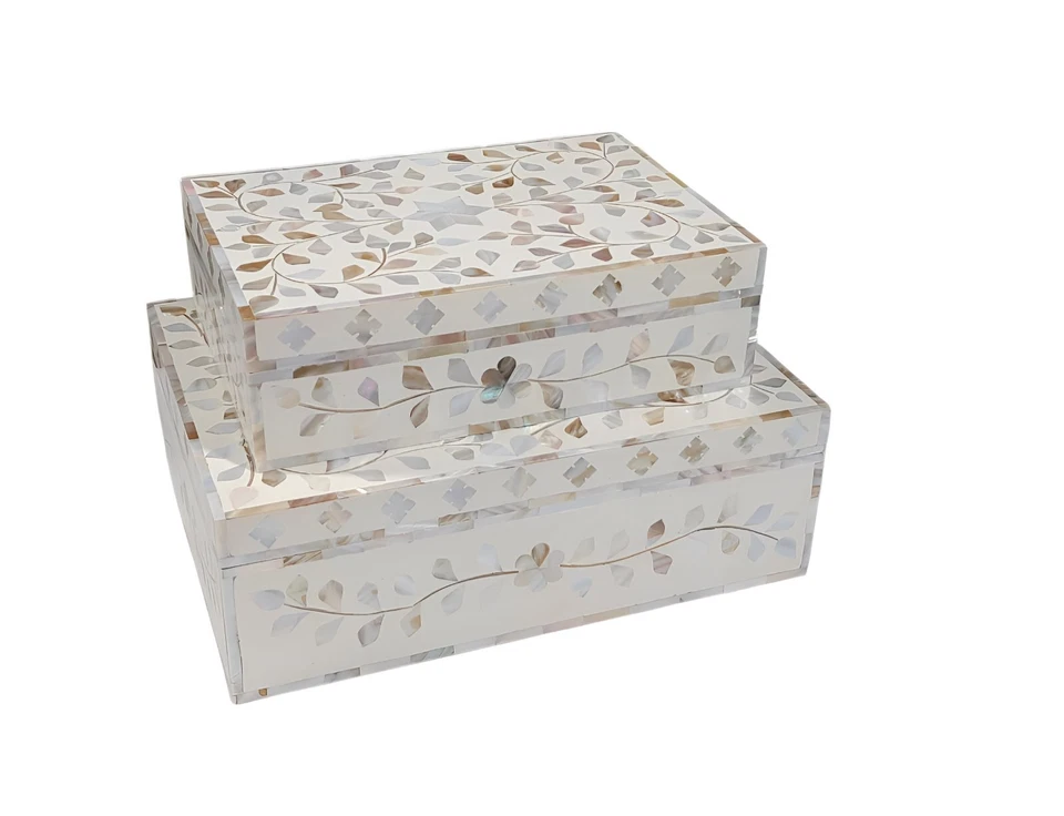 Set Of 2 Mother of Pearl Inlay Decorative Box Set – Handmade Jewelry Boxes - Image 2 of 4
