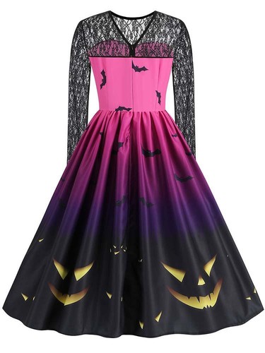 Halloween Costumes for Women Lace Long Sleeve Print Vintage Cosplay Party Dress - Picture 20 of 33