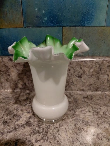 Fenton Emerald Crested Milk Glass Vase