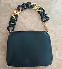 Black Small Shoulder Bag Gold Chain Strap Zip Closure Inner Pockets Matte