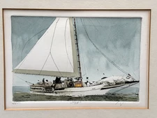 FRANK KACZMAREK SIGNED ORIGINAL NAUTICAL ETCHING  SKIPJACK SAILBOAT BOAT AT SEA