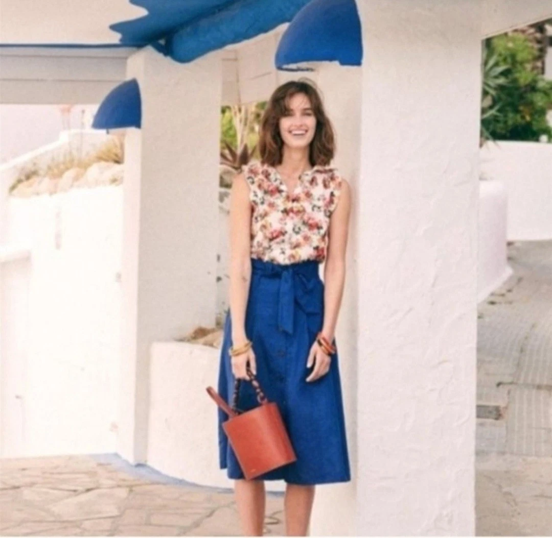 Sezane Amandine Button Front Tie Waist Linen Midi Skirt Blue