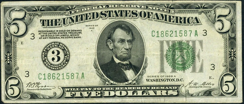 FR. 1951 C $5 1928-A Federal Reserve Note Philadelphia C-A Block VF+ - Image 2 of 3