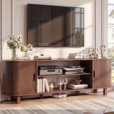 70" Mid Century TV Stand W/ Fluted Sliding Doors Walnut