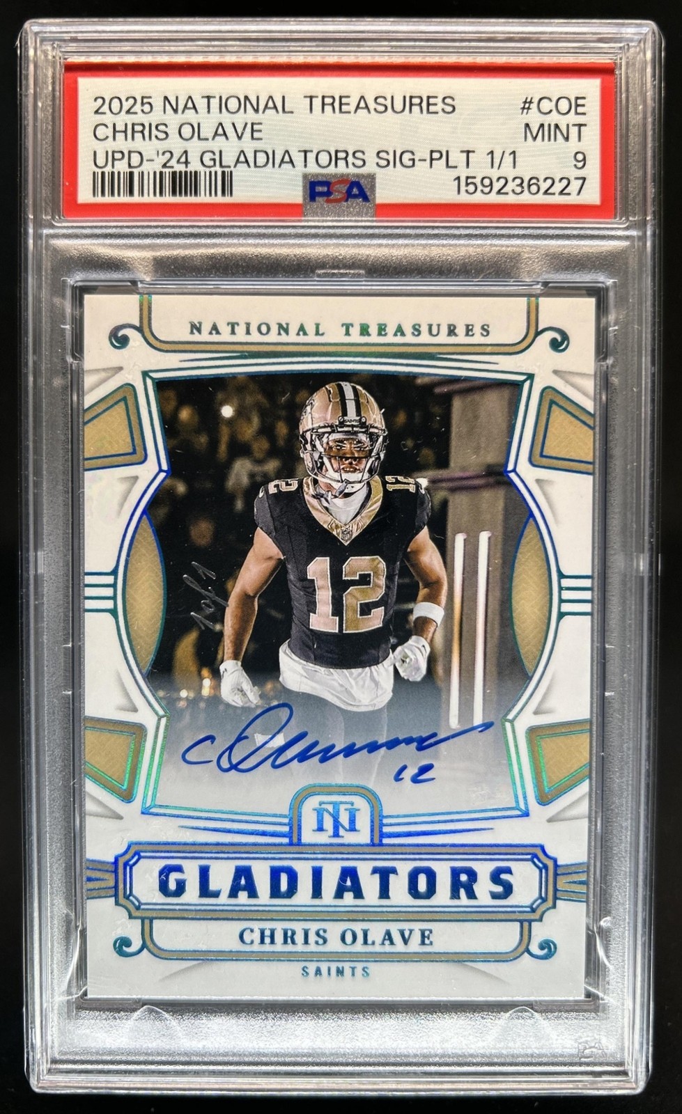 2025 National Treasures Chris Olave Gladiators Platinum Auto #1/1 #2 PSA 9