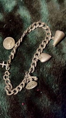 Vintage 925 Sterling Silver Charm Bracelet Cross Heart Telephone Aries Dangle