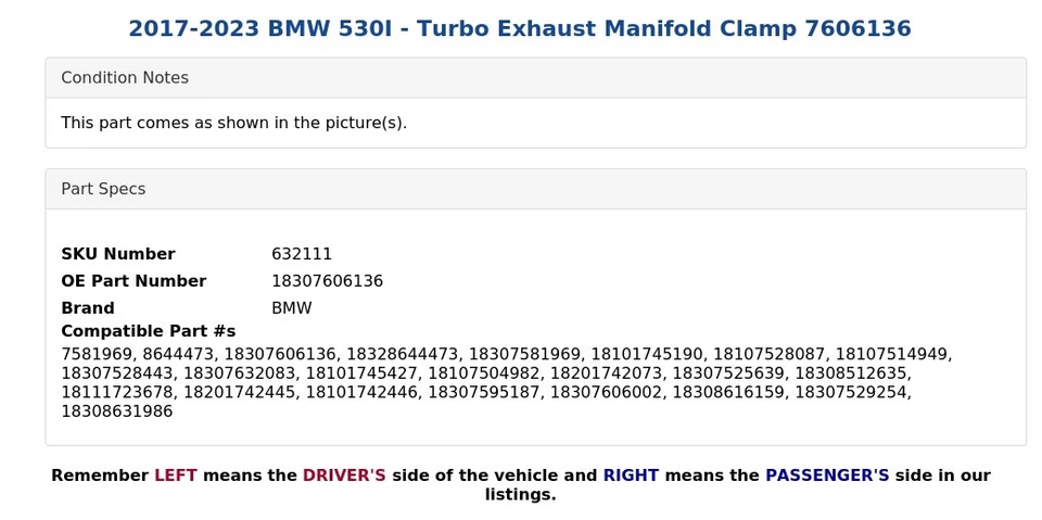 BMW 530I 2017-2023 - Abrazadera de colector de escape turbo 7606136 Foto 4 de 4
