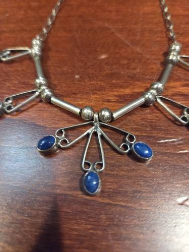 Vintage 925 Sterling Silver Lapis Lazuli Bib Fringe Necklace Modernist 12.8g