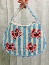 Lulu Stripped Blue And White Crab Beaded Handbag
