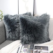 Image of OYIMUA Dark Grey 16 x 16 Cushion Covers Pack of 2 Fluffy Soft Faux Fur Square P