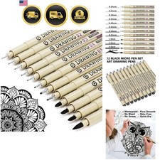 Muchcute Micro Fineliner Drawing Art Pens: 12 Black Fine Line Waterproof Ink ...