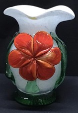 Murano Style Italian Glass Hand-Blown vase Red Opaque Flower With Green Leaves.
