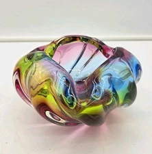 Art Nouveau Style Hand Blown Art Glass Bowl Multicolor 7.5” Wide Heavy