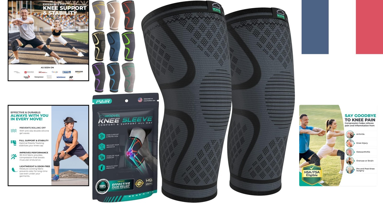 Genouillère pour arthrose haut de gamme en maille élastique noire - 2 pièces