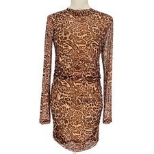 Jolie & Joy Ruched Mesh Mini Dress Women Small Brown Leopard Print Long Sleeve