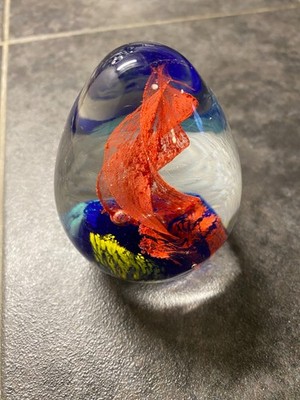 Vintage Glas Eierform Briefbeschwerer orange blau Spirale bunt 3''